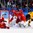 GANGNEUNG, SOUTH KOREA - FEBRUARY 25: Germany's Patrick Hager #50 reaches for a loose puck with Olympic Athletes from Russia's Sergei Kalinin #21 crashing into the net and Bogdan Kiselevich #55 and Vasili Koshechkin #83 looking on during gold medal round action at the PyeongChang 2018 Olympic Winter Games. (Photo by Andrea Cardin/HHOF-IIHF Images)

